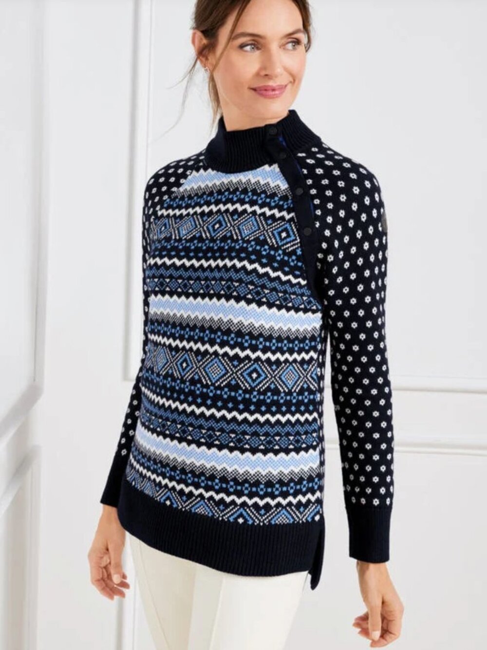 Talbots Thermolite Snap Button Mockneck Sweater in Fair Isle Cabin Cozy Sz XL